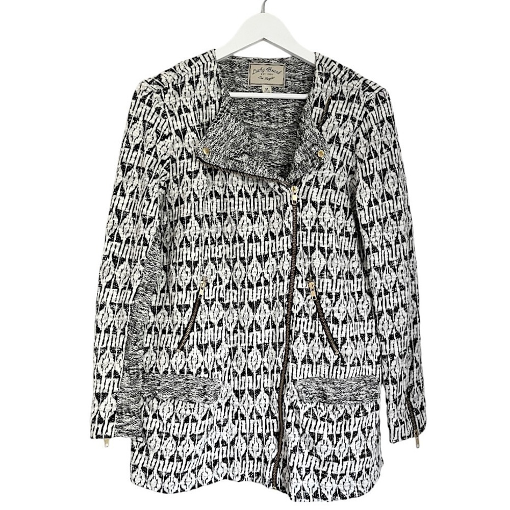 Lucky Brand Women’s Full Zip Geometric Sweater Jacket Black White Size Medium